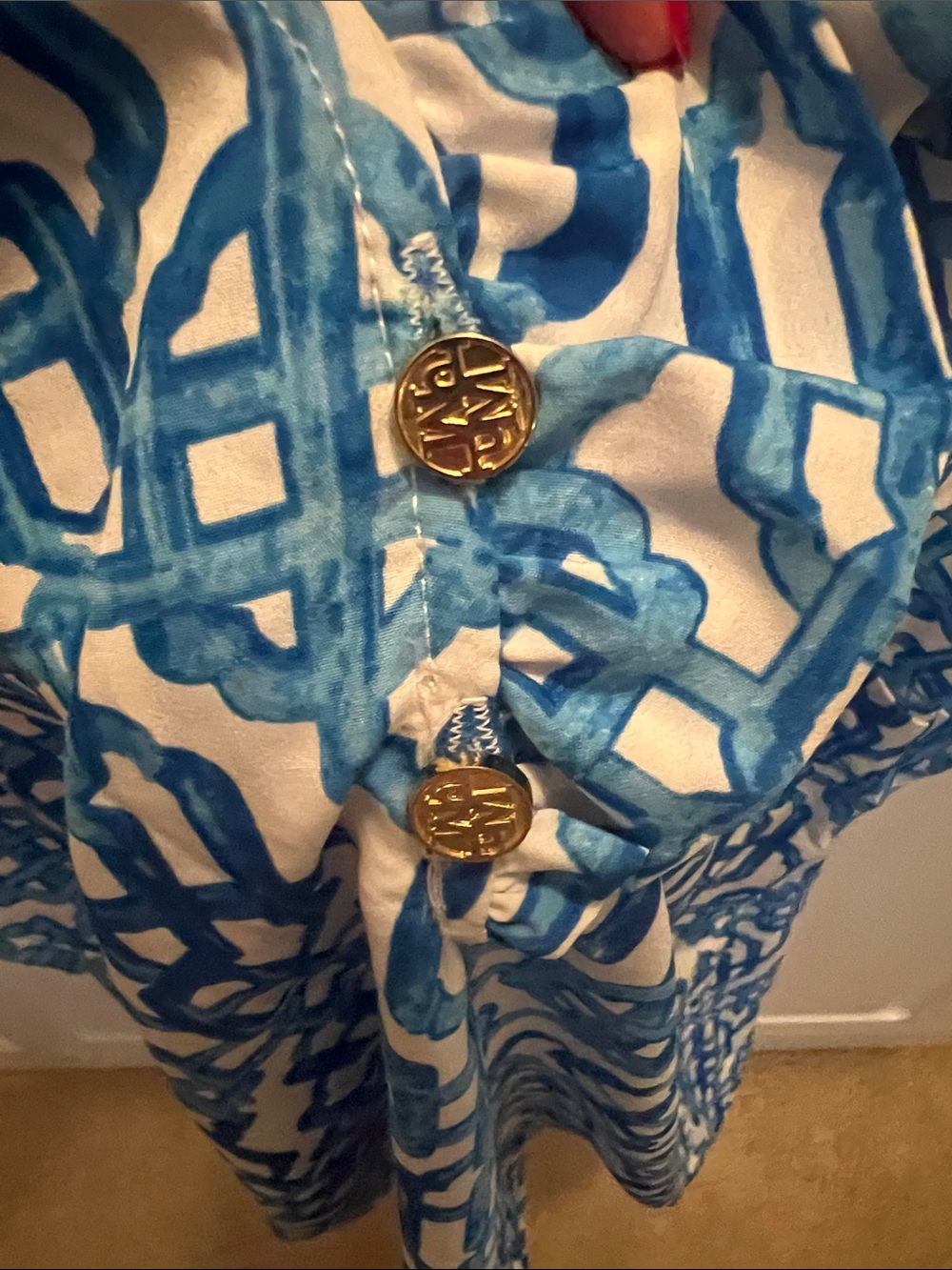 Mud Pie Blue Geometric Ruffle Neck Top - Picture 3 of 5